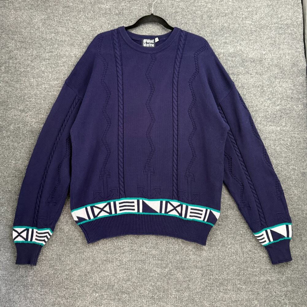 Vtg West Marine Nautical Sweater Mens XL Navy Crewneck Fisherman USA Union Made